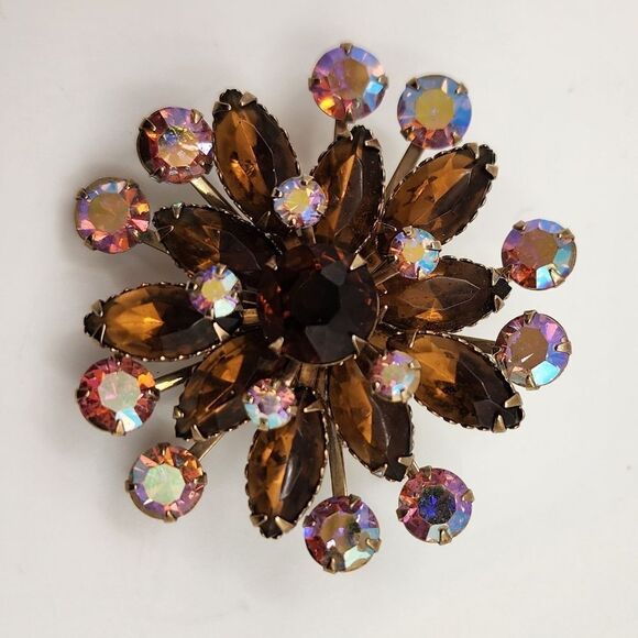 Vintage Star Snowflake Brown Aurora Borealis Rhinestones And Clear Gold Tone - Picture 1 of 4